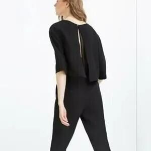 Zara Basic Black Chiffon Overlay High Rise Open Back Jumpsuit Layered